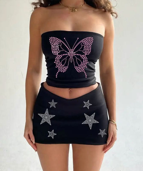 Rhinestone Skeleton Hand Bandeau Top & Star Mini Skirt Set - Y2K Halloween Party Outfit