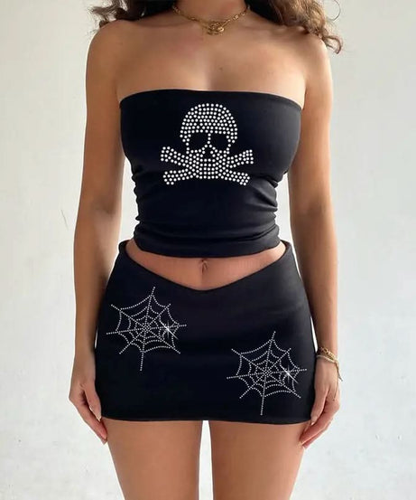 Rhinestone Skeleton Hand Bandeau Top & Star Mini Skirt Set - Y2K Halloween Party Outfit