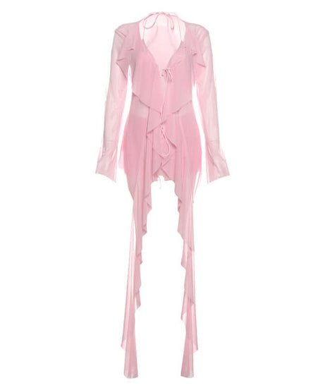 Ethereal Fairycore Pink Mesh Ruffle Mini Dress | Long Sleeve Halter Tie Tunic for Fall Parties & Halloween