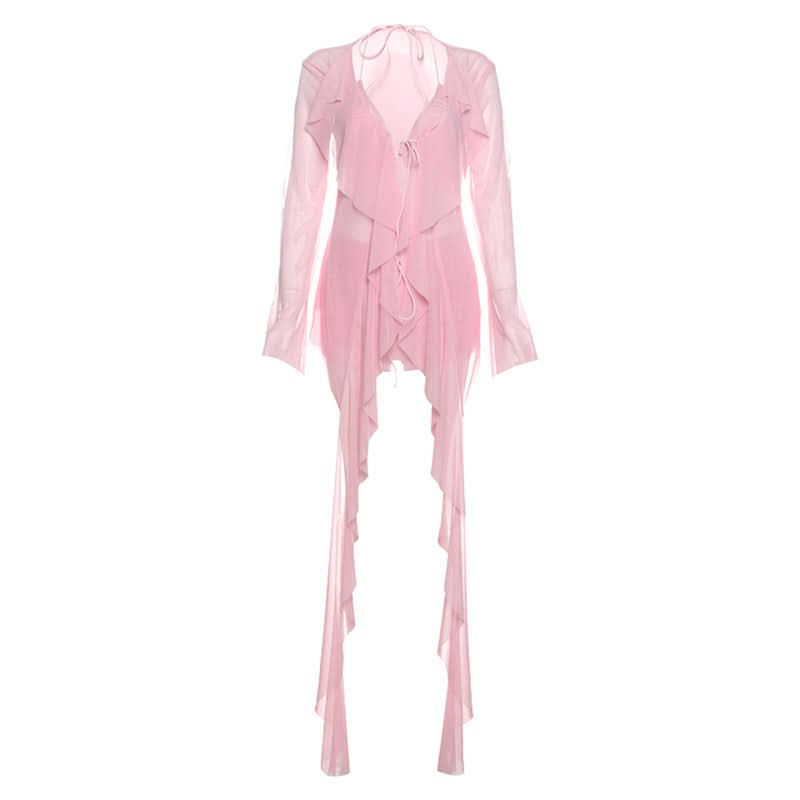 Ethereal Fairycore Pink Mesh Ruffle Mini Dress | Long Sleeve Halter Tie Tunic for Fall Parties & Halloween