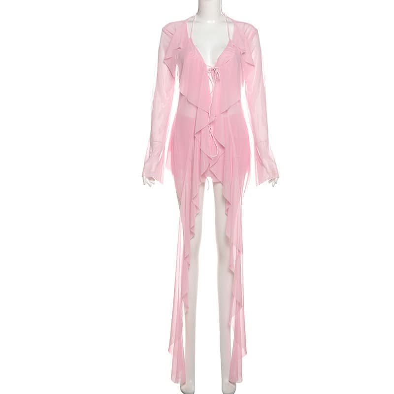 Ethereal Fairycore Pink Mesh Ruffle Mini Dress | Long Sleeve Halter Tie Tunic for Fall Parties & Halloween