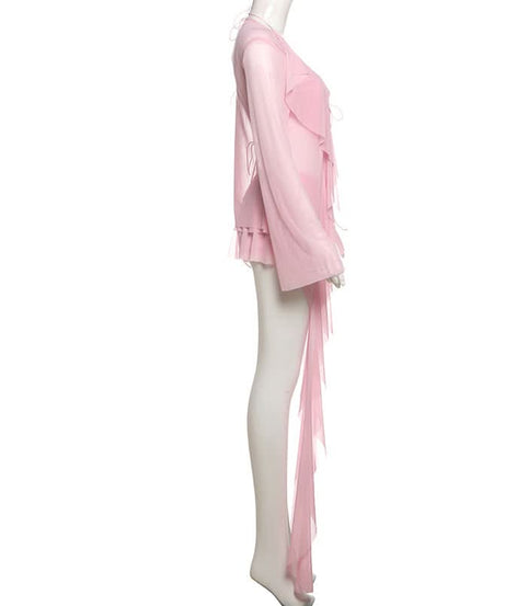 Ethereal Fairycore Pink Mesh Ruffle Mini Dress | Long Sleeve Halter Tie Tunic for Fall Parties & Halloween