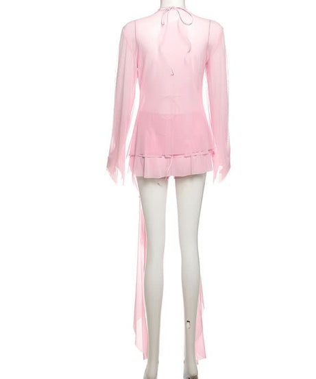 Ethereal Fairycore Pink Mesh Ruffle Mini Dress | Long Sleeve Halter Tie Tunic for Fall Parties & Halloween