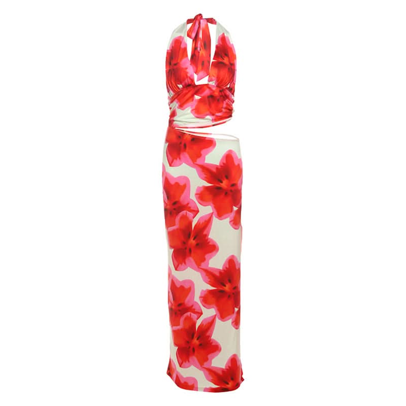 Vibrant Bloom Halter Cut-Out Maxi Dress - Your Go-To for Holiday Getaways & Resort Chic