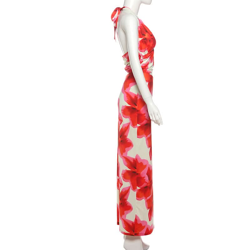 Vibrant Bloom Halter Cut-Out Maxi Dress - Your Go-To for Holiday Getaways & Resort Chic
