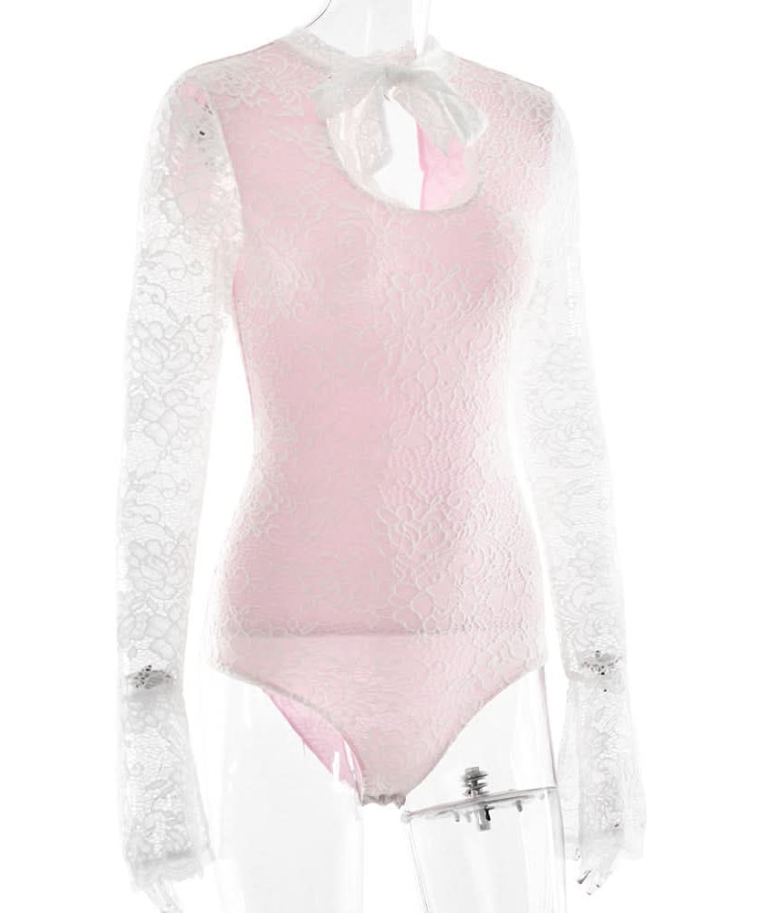 Romantic Rose Lace & White Keyhole Bodysuit - Chic Long Sleeve Top with Self-Tie Bow for Fall