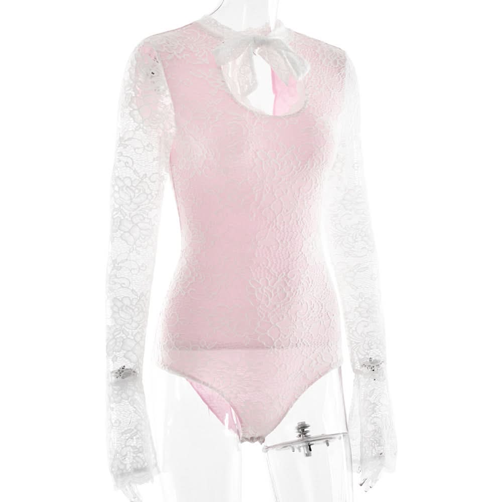 Romantic Rose Lace & White Keyhole Bodysuit - Chic Long Sleeve Top with Self-Tie Bow for Fall