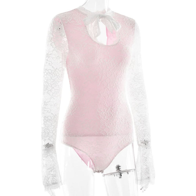 Romantic Rose Lace & White Keyhole Bodysuit - Chic Long Sleeve Top with Self-Tie Bow for Fall