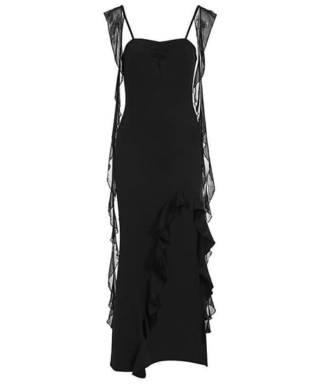 Elegant Black Ruffle Maxi Dress with Sheer Draped Accents | Fall & Holiday Party Ready