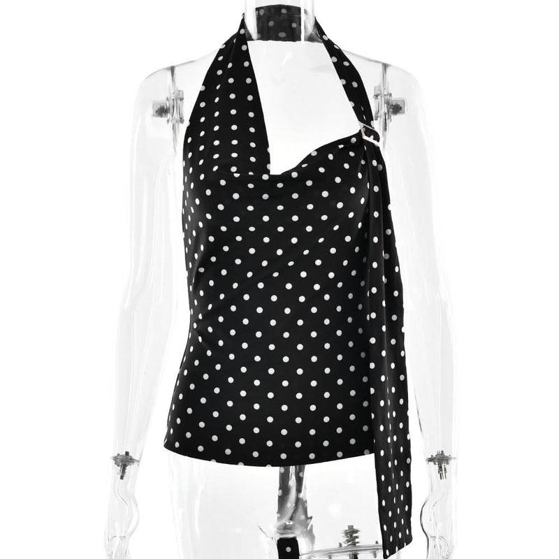 Retro Chic Polka Dot Halter Top with Buckle & Tie | Fall & Holiday Party Glamour