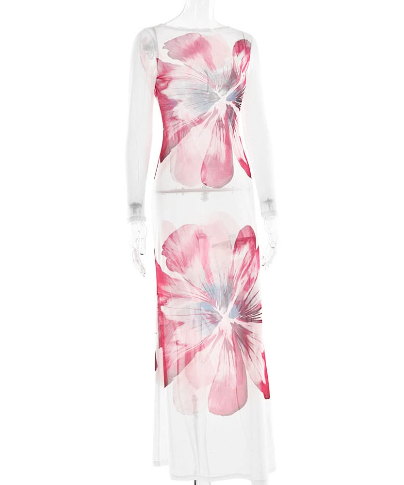 Vibrant Floral Mesh Maxi Dress - Long Sleeve Bodycon for Fall Events & Chic Style