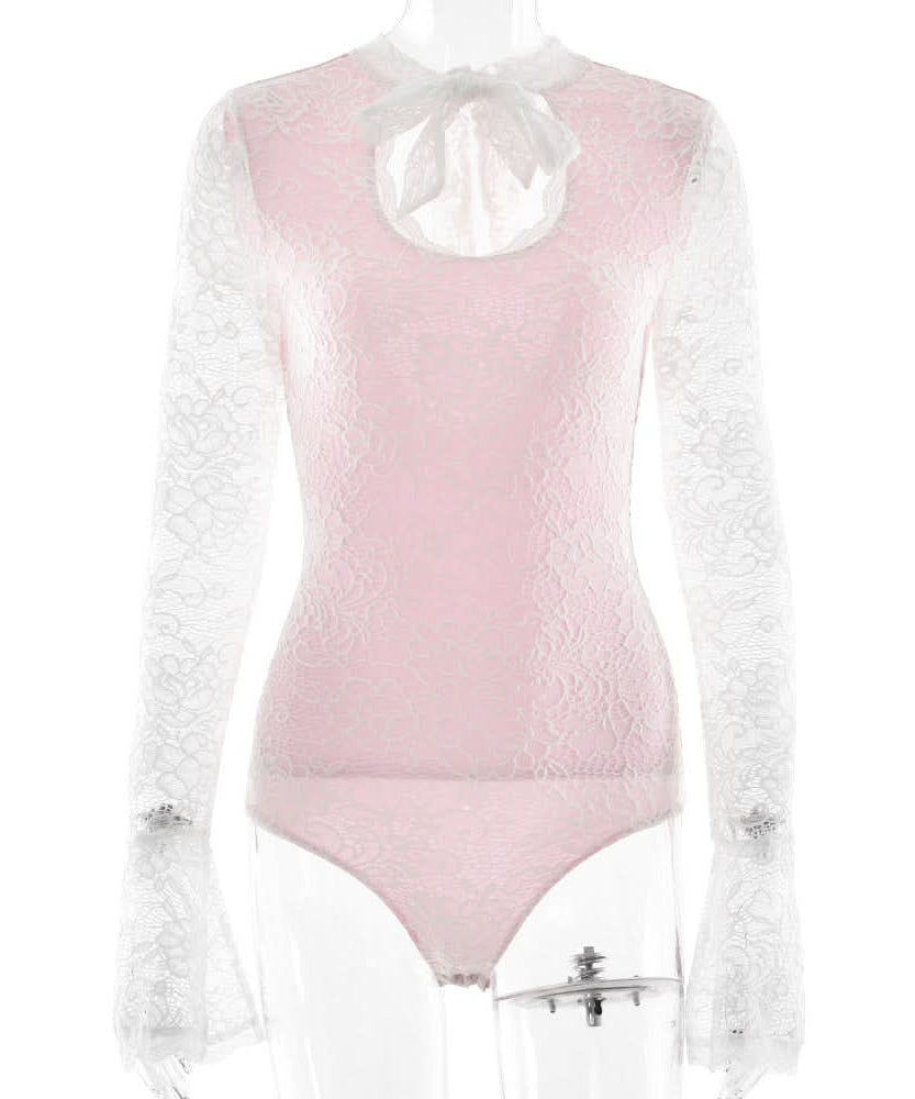 Romantic Rose Lace & White Keyhole Bodysuit - Chic Long Sleeve Top with Self-Tie Bow for Fall