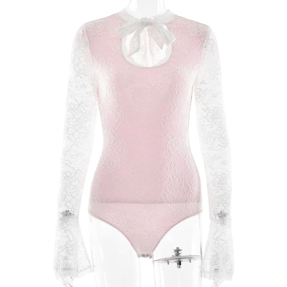 Romantic Rose Lace & White Keyhole Bodysuit - Chic Long Sleeve Top with Self-Tie Bow for Fall