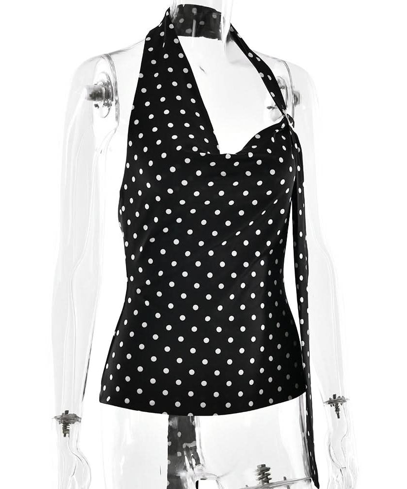 Retro Chic Polka Dot Halter Top with Buckle & Tie | Fall & Holiday Party Glamour