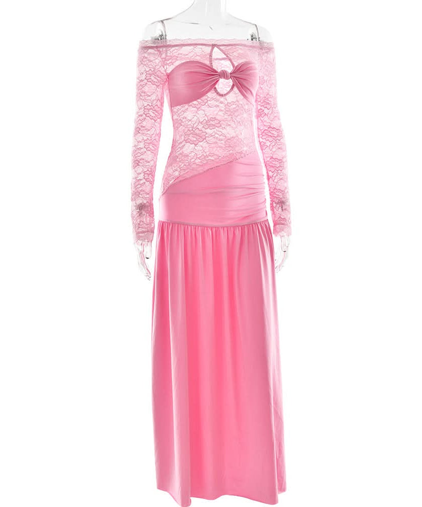 Radiant Pink Lace Off-Shoulder Maxi Dress with Bow Detail - Your Statement Piece for Fall & Holiday Parties