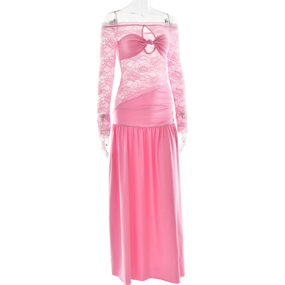 Radiant Pink Lace Off-Shoulder Maxi Dress with Bow Detail - Your Statement Piece for Fall & Holiday Parties