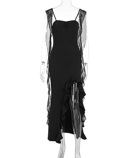 Elegant Black Ruffle Maxi Dress with Sheer Draped Accents | Fall & Holiday Party Ready