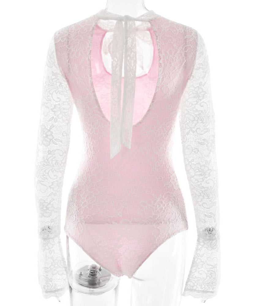 Romantic Rose Lace & White Keyhole Bodysuit - Chic Long Sleeve Top with Self-Tie Bow for Fall