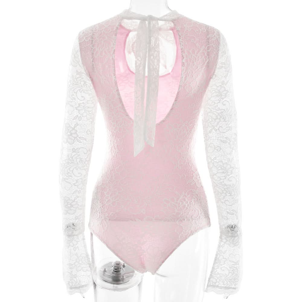 Romantic Rose Lace & White Keyhole Bodysuit - Chic Long Sleeve Top with Self-Tie Bow for Fall