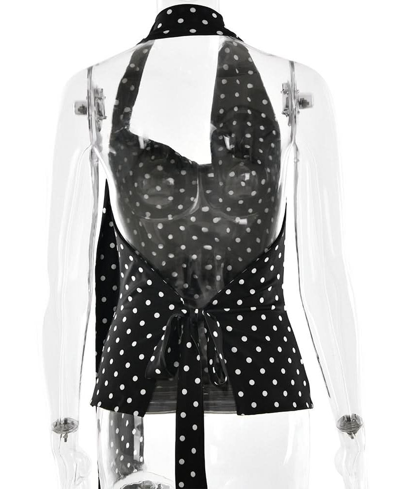 Retro Chic Polka Dot Halter Top with Buckle & Tie | Fall & Holiday Party Glamour