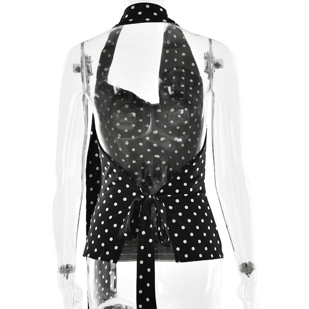 Retro Chic Polka Dot Halter Top with Buckle & Tie | Fall & Holiday Party Glamour
