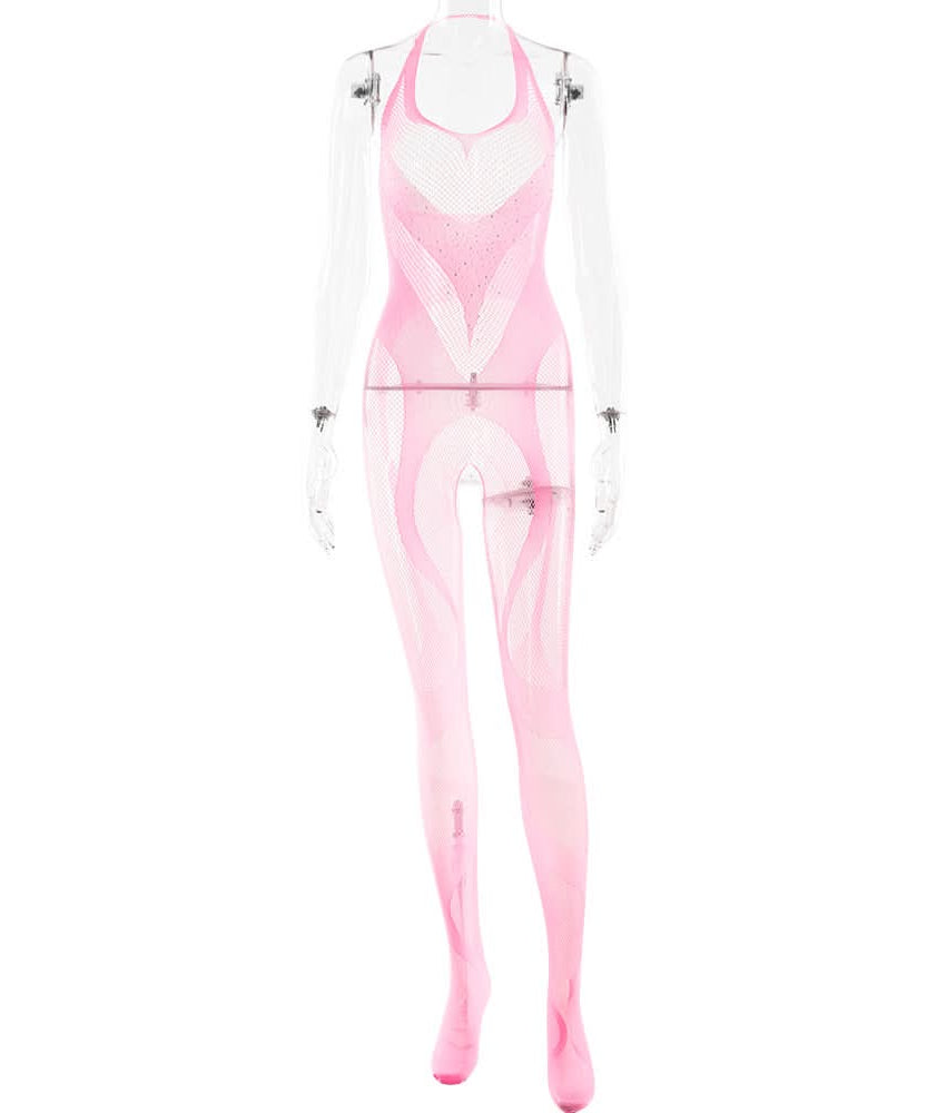 Daring Desire Halter Rhinestone Fishnet Bodysuit - Ultimate Halloween & Club Party Jumpsuit