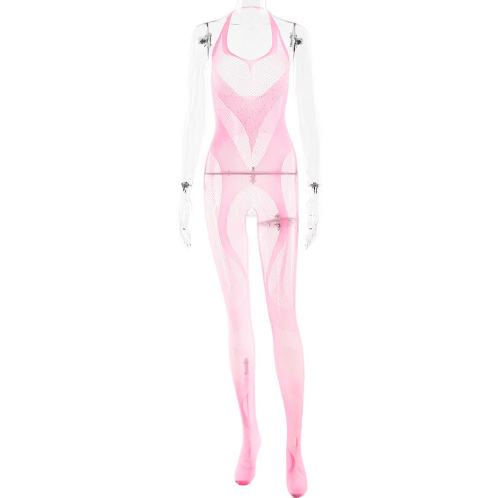 Daring Desire Halter Rhinestone Fishnet Bodysuit - Ultimate Halloween & Club Party Jumpsuit