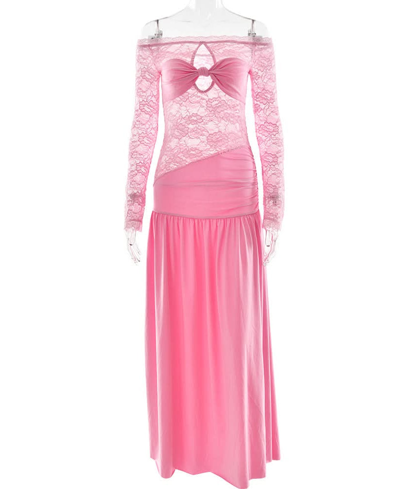 Radiant Pink Lace Off-Shoulder Maxi Dress with Bow Detail - Your Statement Piece for Fall & Holiday Parties