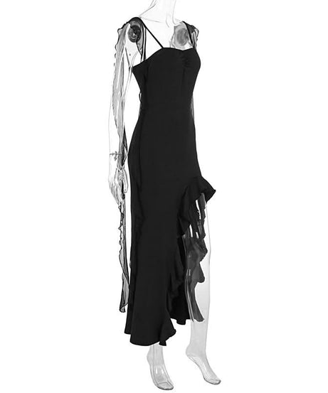 Elegant Black Ruffle Maxi Dress with Sheer Draped Accents | Fall & Holiday Party Ready