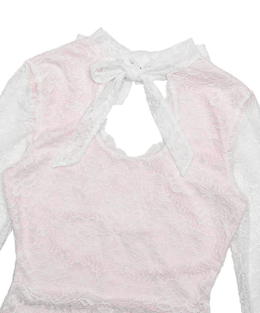 Romantic Rose Lace & White Keyhole Bodysuit - Chic Long Sleeve Top with Self-Tie Bow for Fall
