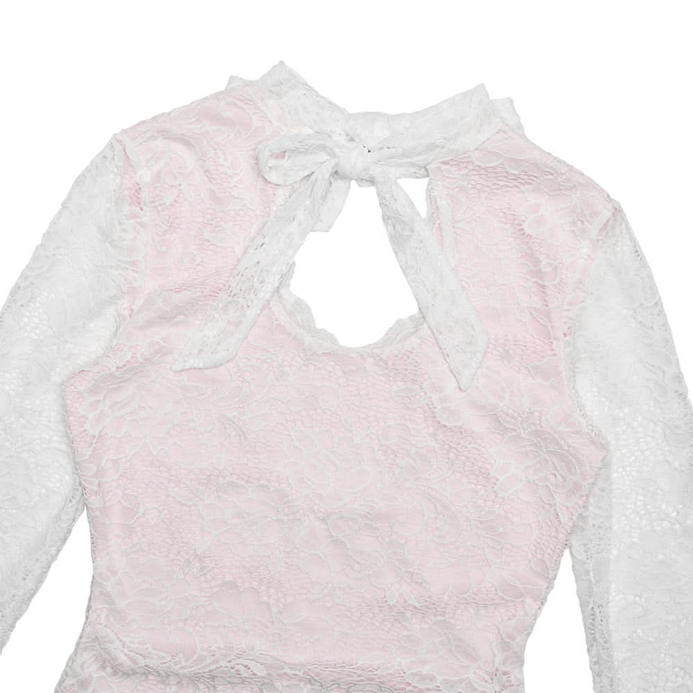 Romantic Rose Lace & White Keyhole Bodysuit - Chic Long Sleeve Top with Self-Tie Bow for Fall