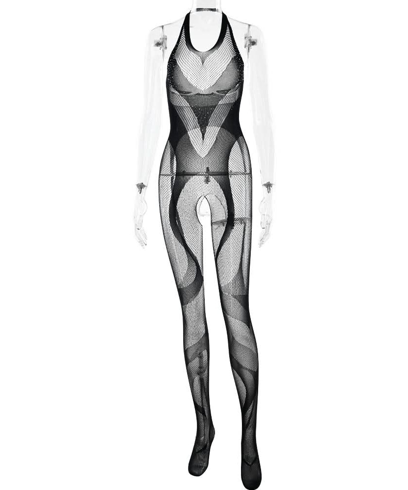 Daring Desire Halter Rhinestone Fishnet Bodysuit - Ultimate Halloween & Club Party Jumpsuit