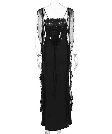 Elegant Black Ruffle Maxi Dress with Sheer Draped Accents | Fall & Holiday Party Ready