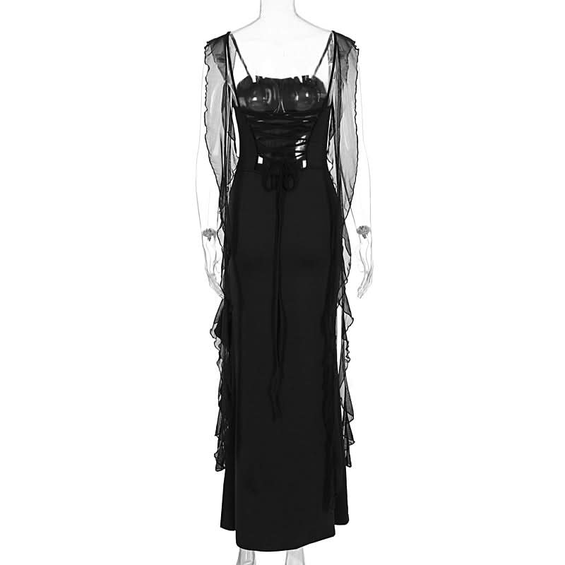 Elegant Black Ruffle Maxi Dress with Sheer Draped Accents | Fall & Holiday Party Ready