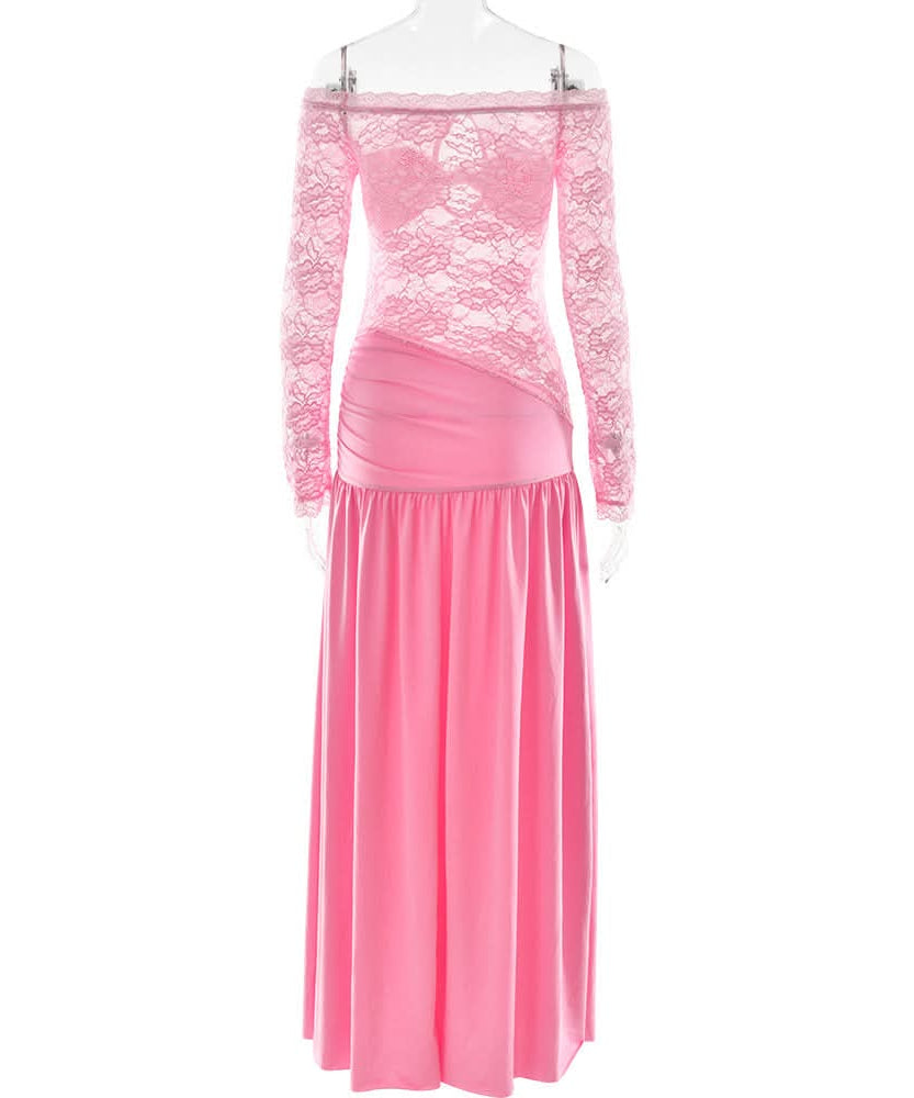 Radiant Pink Lace Off-Shoulder Maxi Dress with Bow Detail - Your Statement Piece for Fall & Holiday Parties
