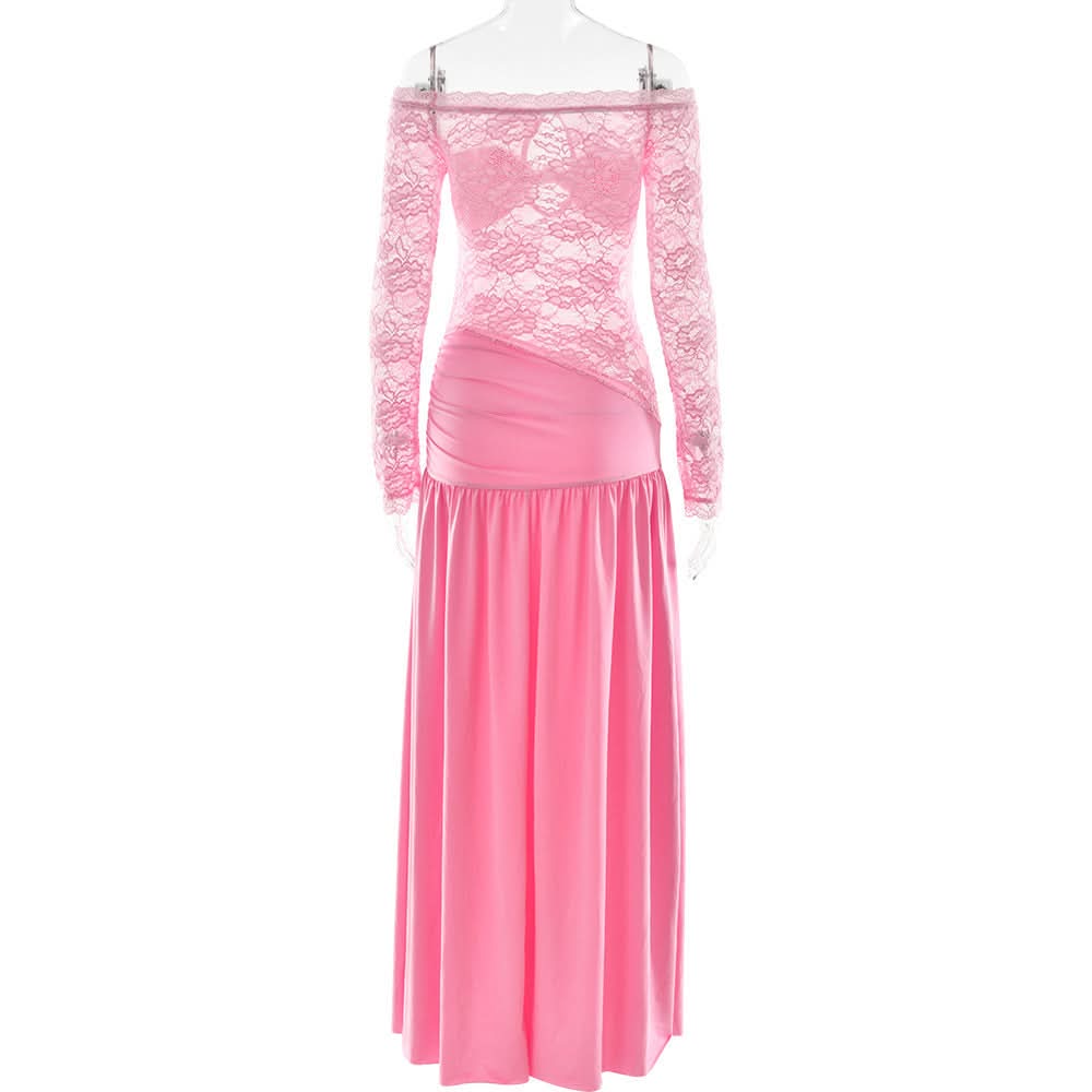 Radiant Pink Lace Off-Shoulder Maxi Dress with Bow Detail - Your Statement Piece for Fall & Holiday Parties