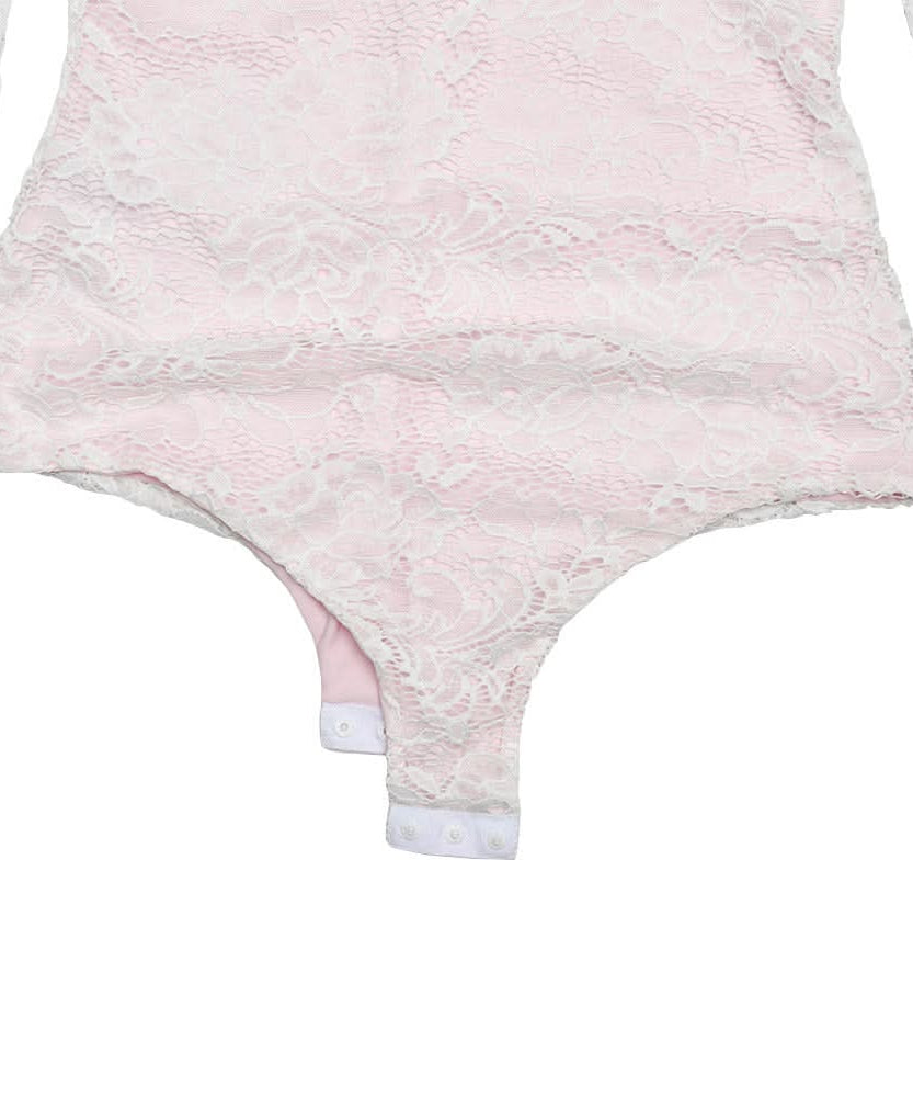 Romantic Rose Lace & White Keyhole Bodysuit - Chic Long Sleeve Top with Self-Tie Bow for Fall