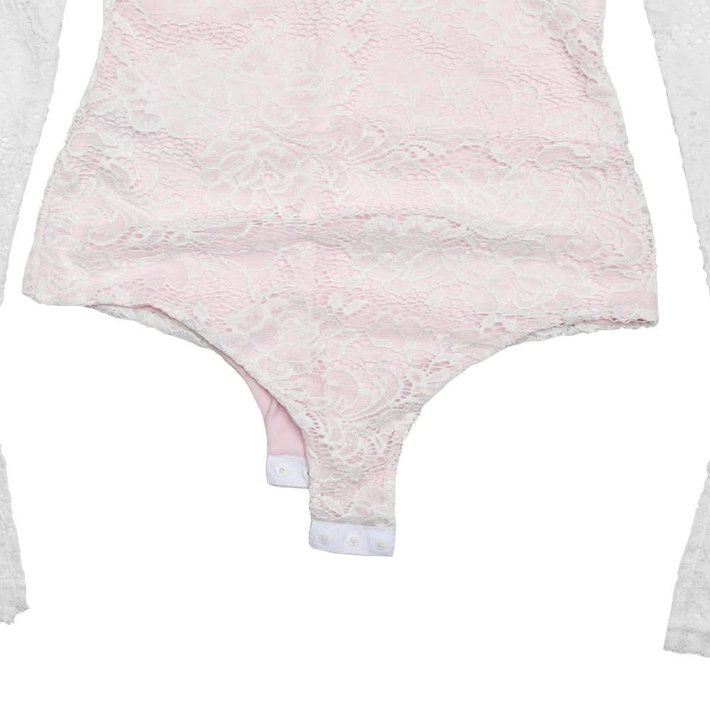 Romantic Rose Lace & White Keyhole Bodysuit - Chic Long Sleeve Top with Self-Tie Bow for Fall