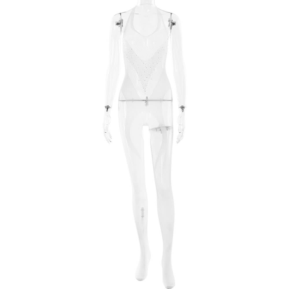 Daring Desire Halter Rhinestone Fishnet Bodysuit - Ultimate Halloween & Club Party Jumpsuit