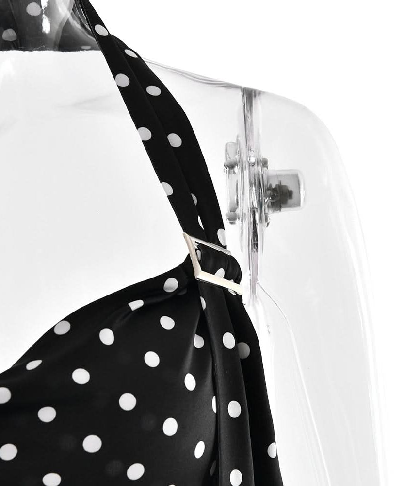 Retro Chic Polka Dot Halter Top with Buckle & Tie | Fall & Holiday Party Glamour