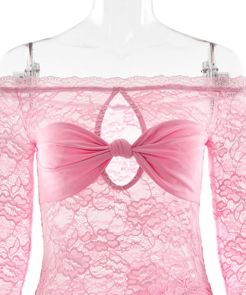 Radiant Pink Lace Off-Shoulder Maxi Dress with Bow Detail - Your Statement Piece for Fall & Holiday Parties