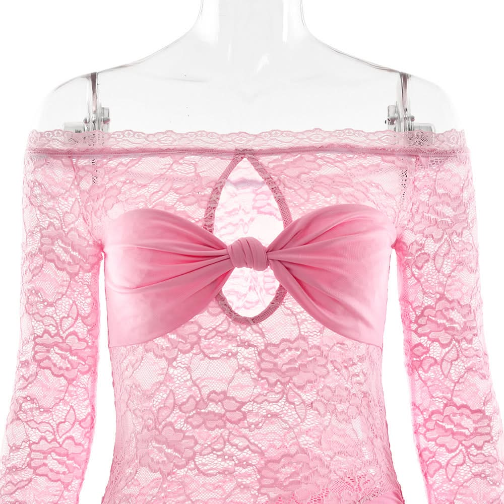 Radiant Pink Lace Off-Shoulder Maxi Dress with Bow Detail - Your Statement Piece for Fall & Holiday Parties