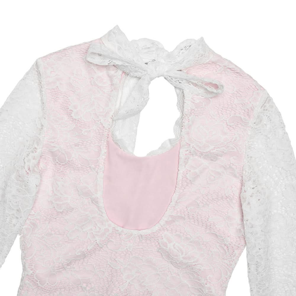 Romantic Rose Lace & White Keyhole Bodysuit - Chic Long Sleeve Top with Self-Tie Bow for Fall