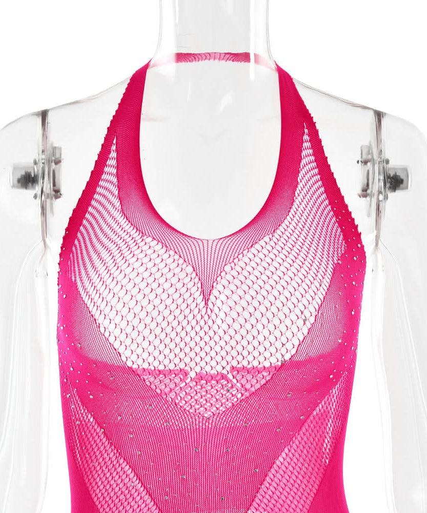 Daring Desire Halter Rhinestone Fishnet Bodysuit - Ultimate Halloween & Club Party Jumpsuit