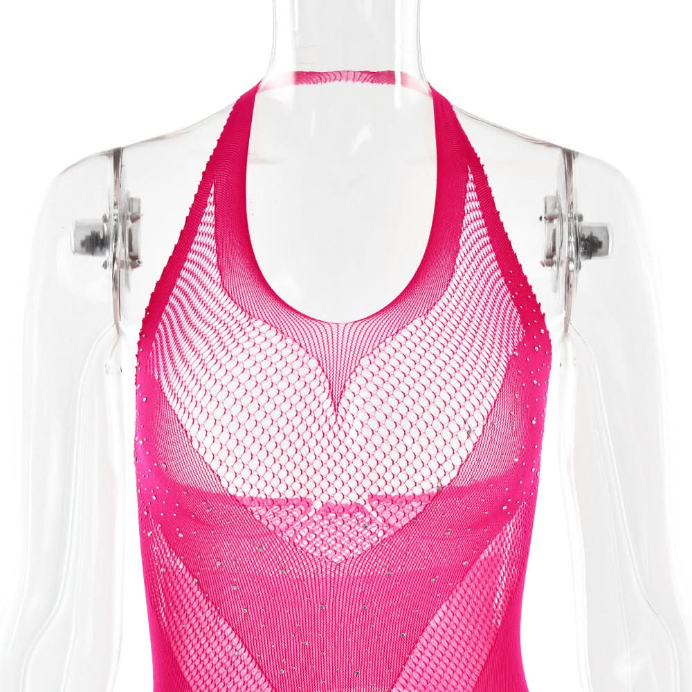 Daring Desire Halter Rhinestone Fishnet Bodysuit - Ultimate Halloween & Club Party Jumpsuit