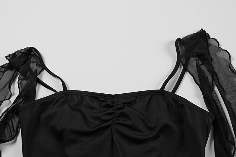 Elegant Black Ruffle Maxi Dress with Sheer Draped Accents | Fall & Holiday Party Ready