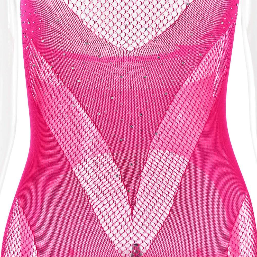 Daring Desire Halter Rhinestone Fishnet Bodysuit - Ultimate Halloween & Club Party Jumpsuit