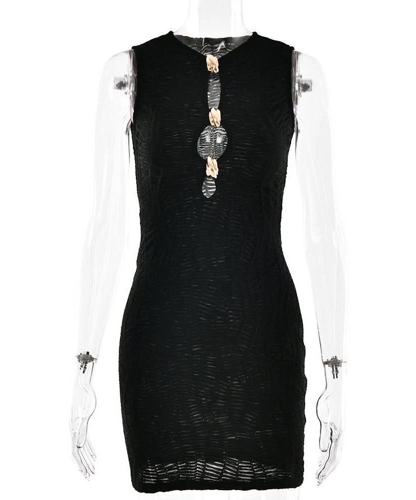 Dazzle & Shine: Black Ruched Cutout Mini Dress with Gold Hardware | Fall & Holiday Party Perfect