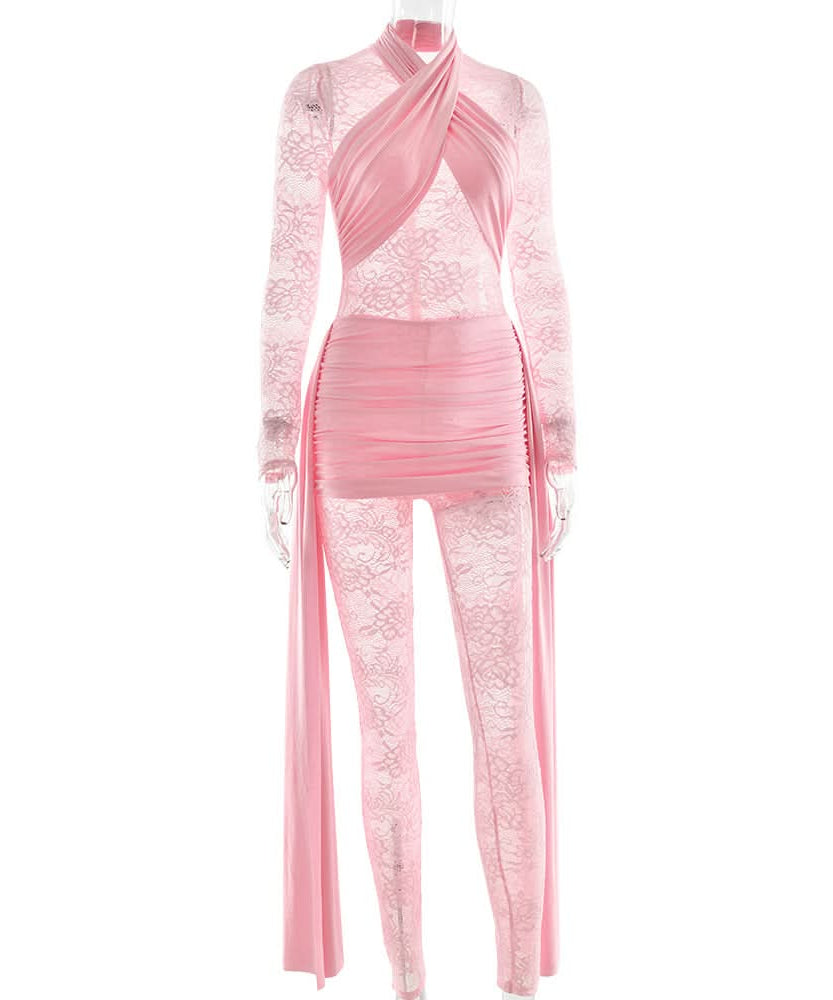 Blush Pink Lace & Ruched Jumpsuit - Daring Long Sleeve Party & Holiday Glam