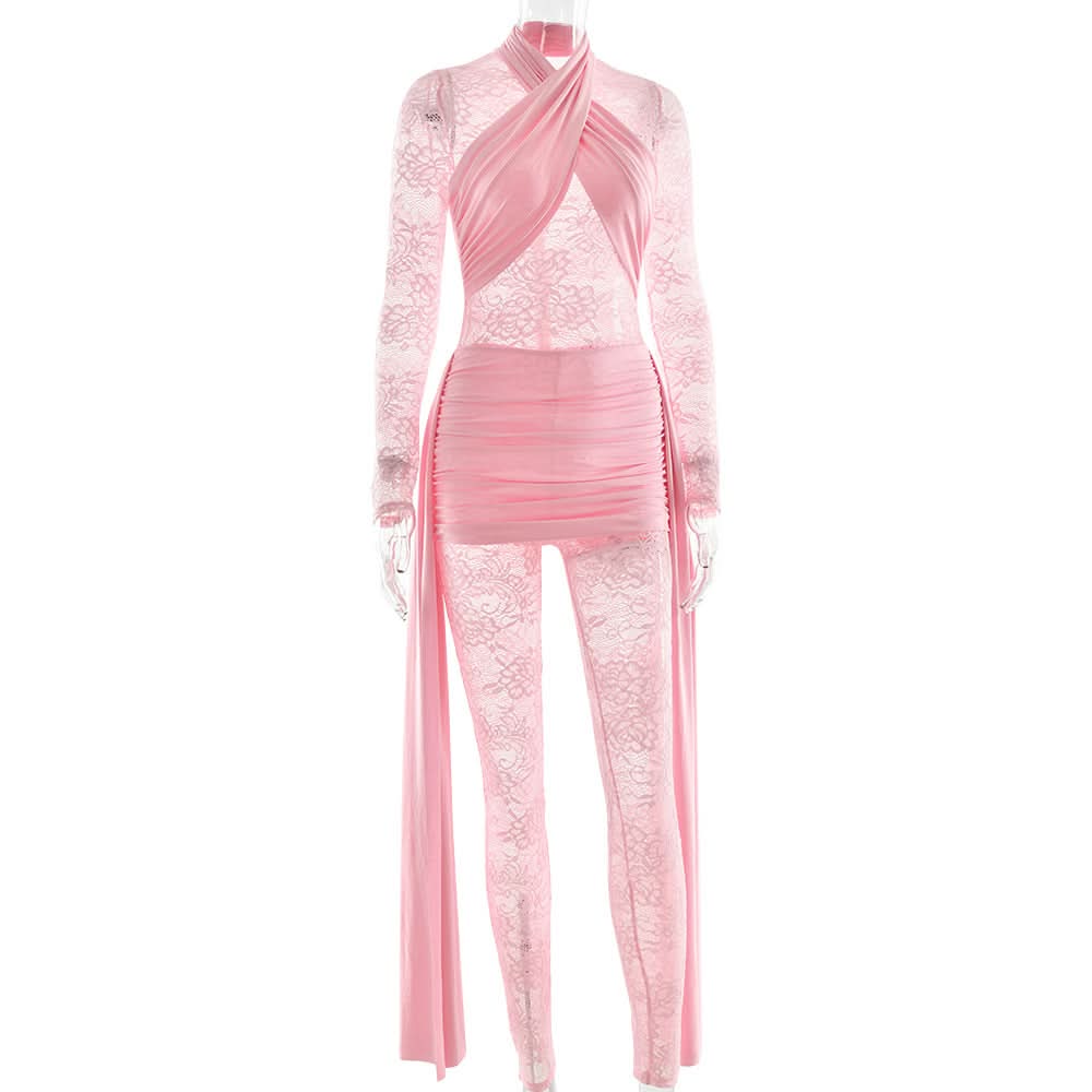 Blush Pink Lace & Ruched Jumpsuit - Daring Long Sleeve Party & Holiday Glam